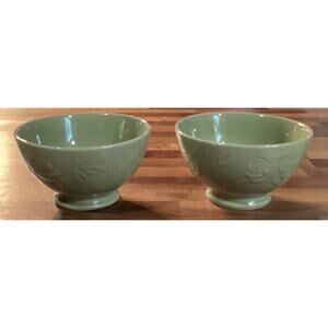 Green Pedestal Cereal Soup Bowls Incised Rose Floral Design Set of 2